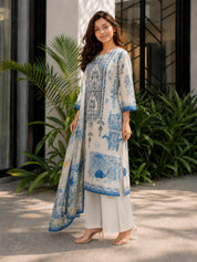 Blue & Ivory Embroidered 3 Pc Kurta Set in Mul Chanderi