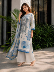 Blue & Ivory Embroidered 3 Pc Kurta Set in Mul Chanderi