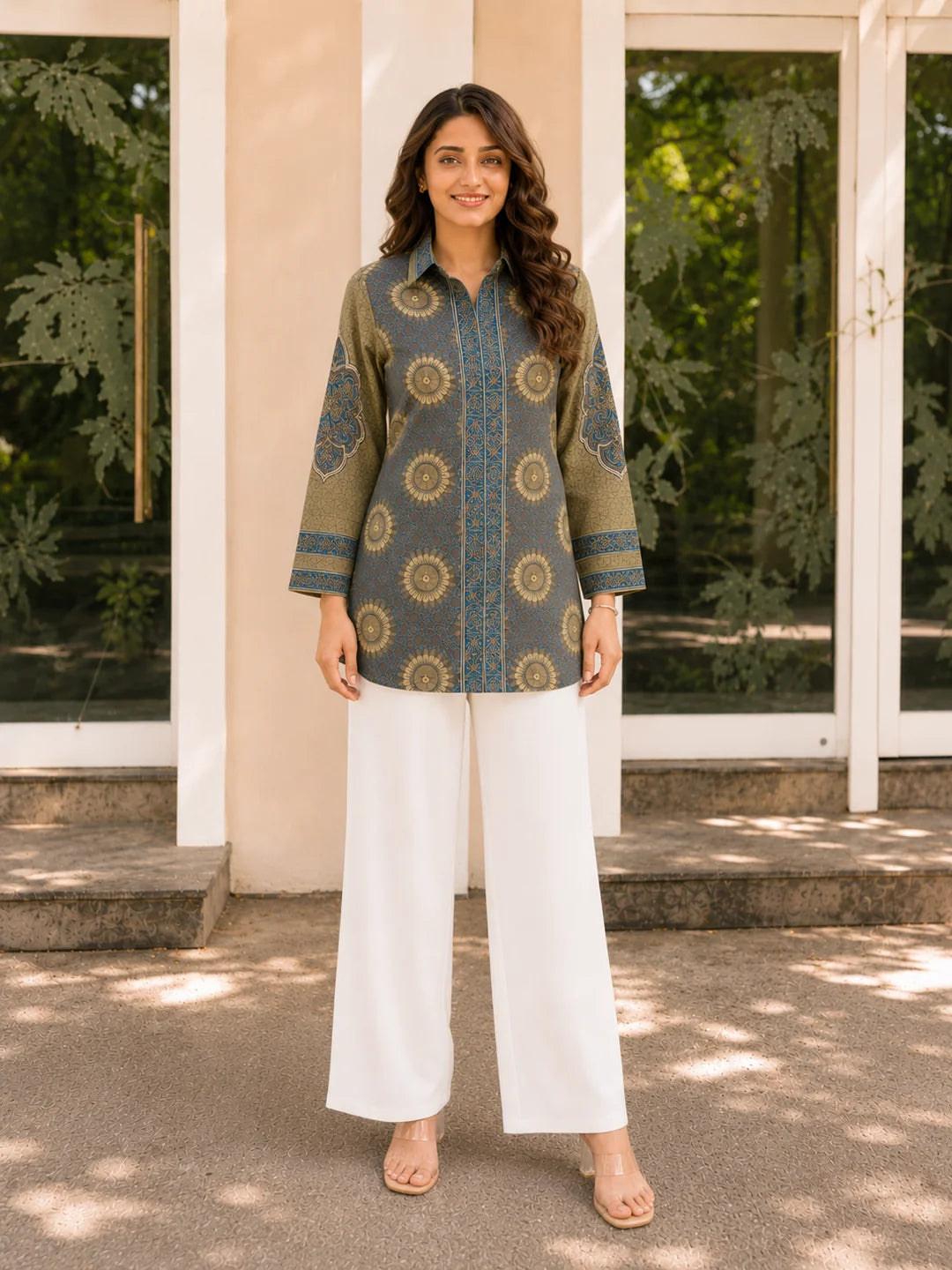 Olive Base Ajrakh Printed Shirt in Crepe