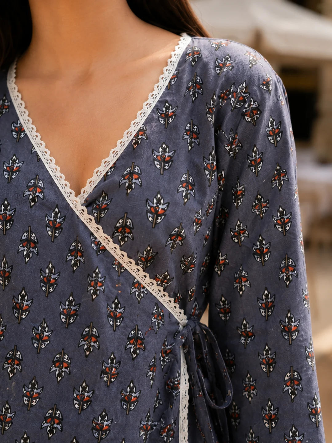 Grey Floral Buti Printed Angrakha Style Short Kurti in Cotton