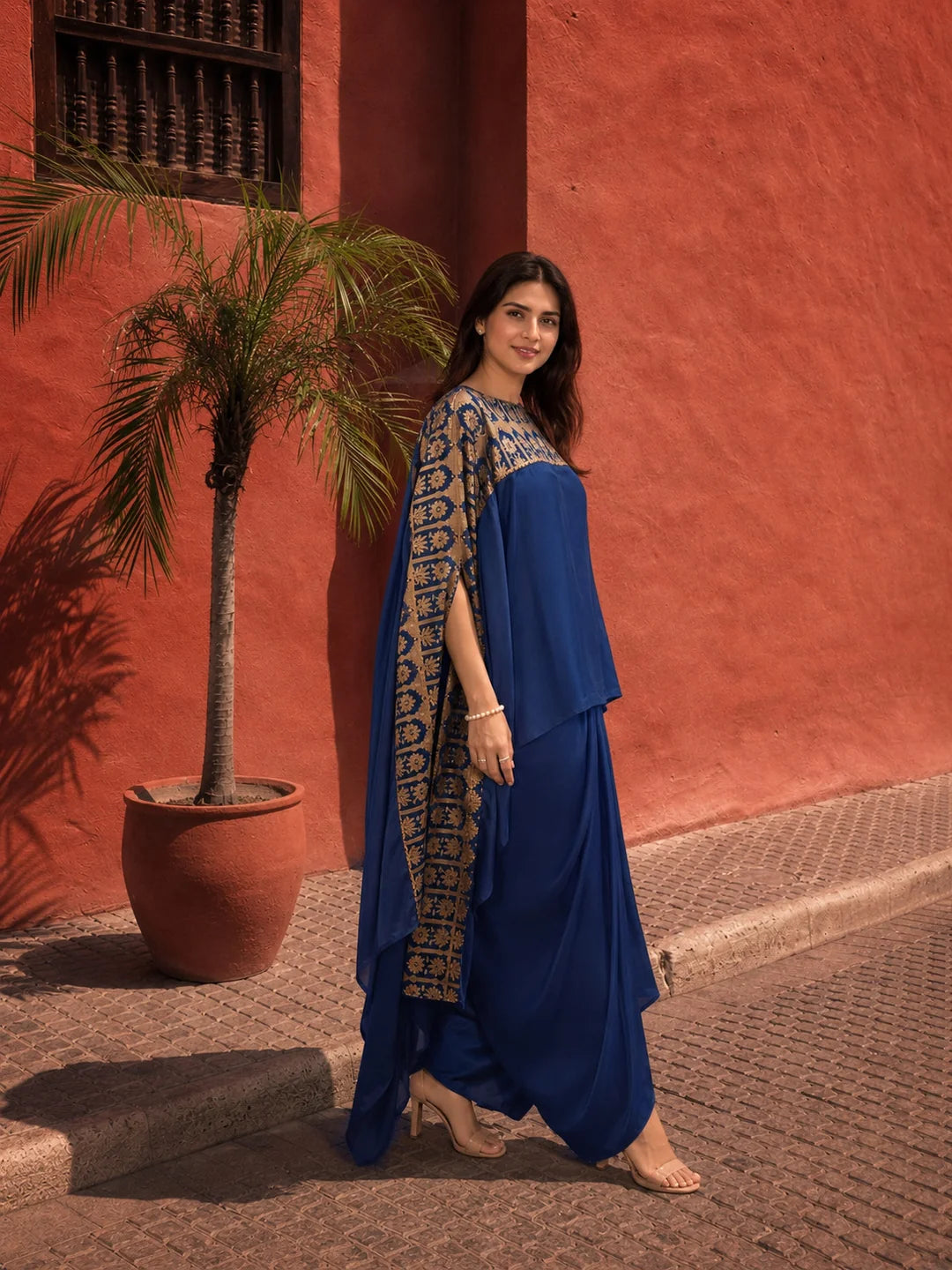 Blue Poncho Style Cape & Draped Skirt Coord Set in Crepe