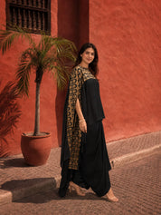 Black Poncho Style Cape & Draped Skirt Coord Set in Crepe