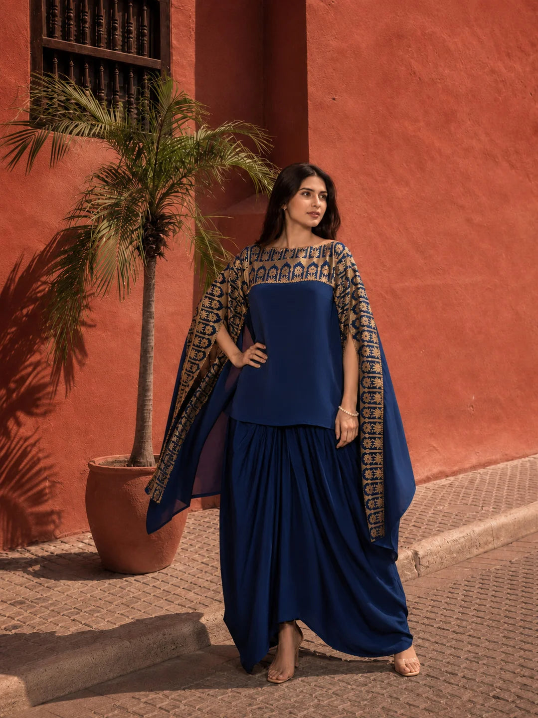 Blue Poncho Style Cape & Draped Skirt Coord Set in Crepe
