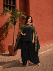 Black Poncho Style Cape & Draped Skirt Coord Set in Crepe