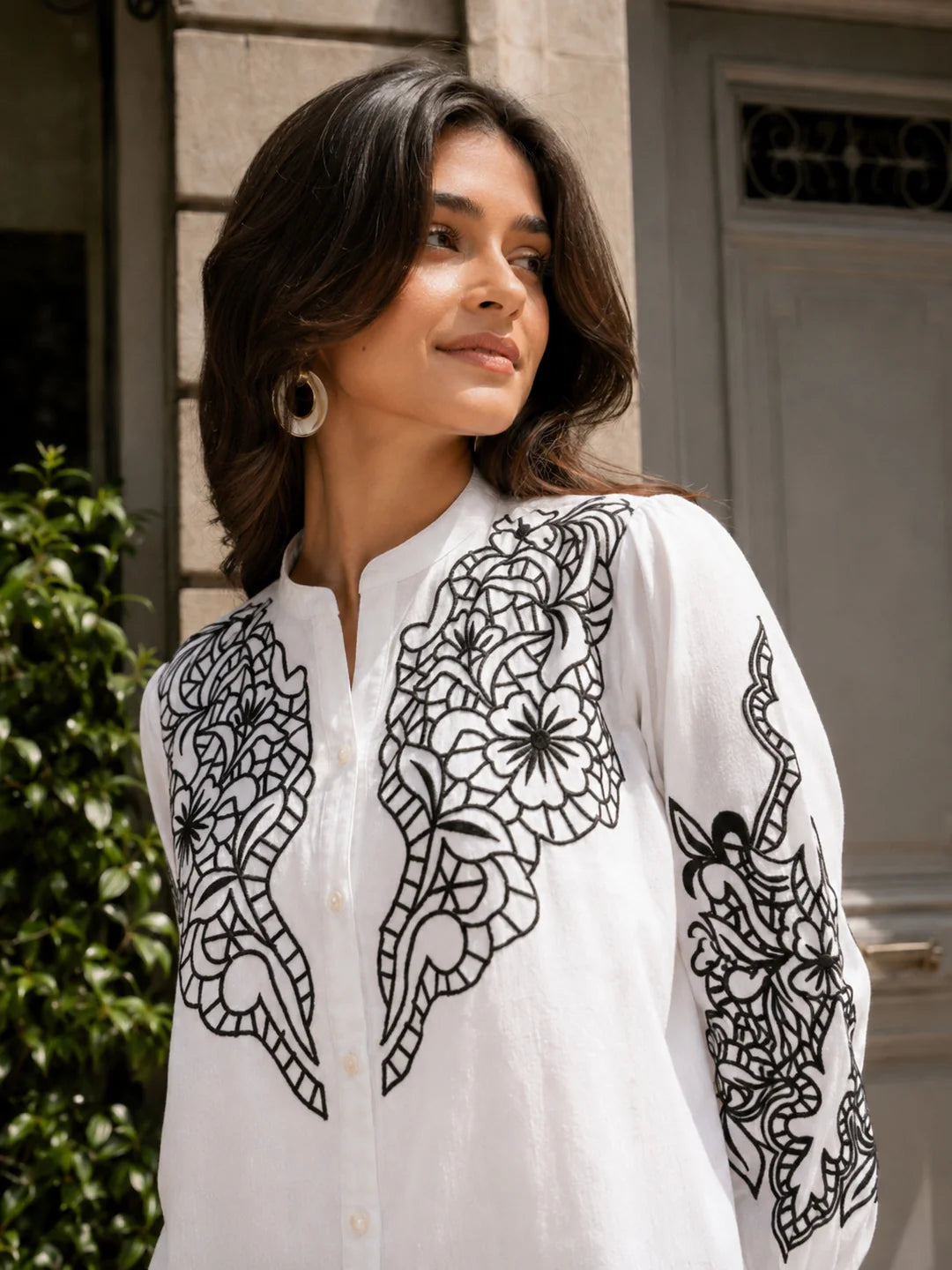 White Embroidered Mandarin Collar Cotton Poplin Shirt