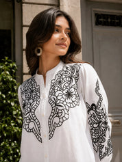 White Embroidered Mandarin Collar Cotton Poplin Shirt