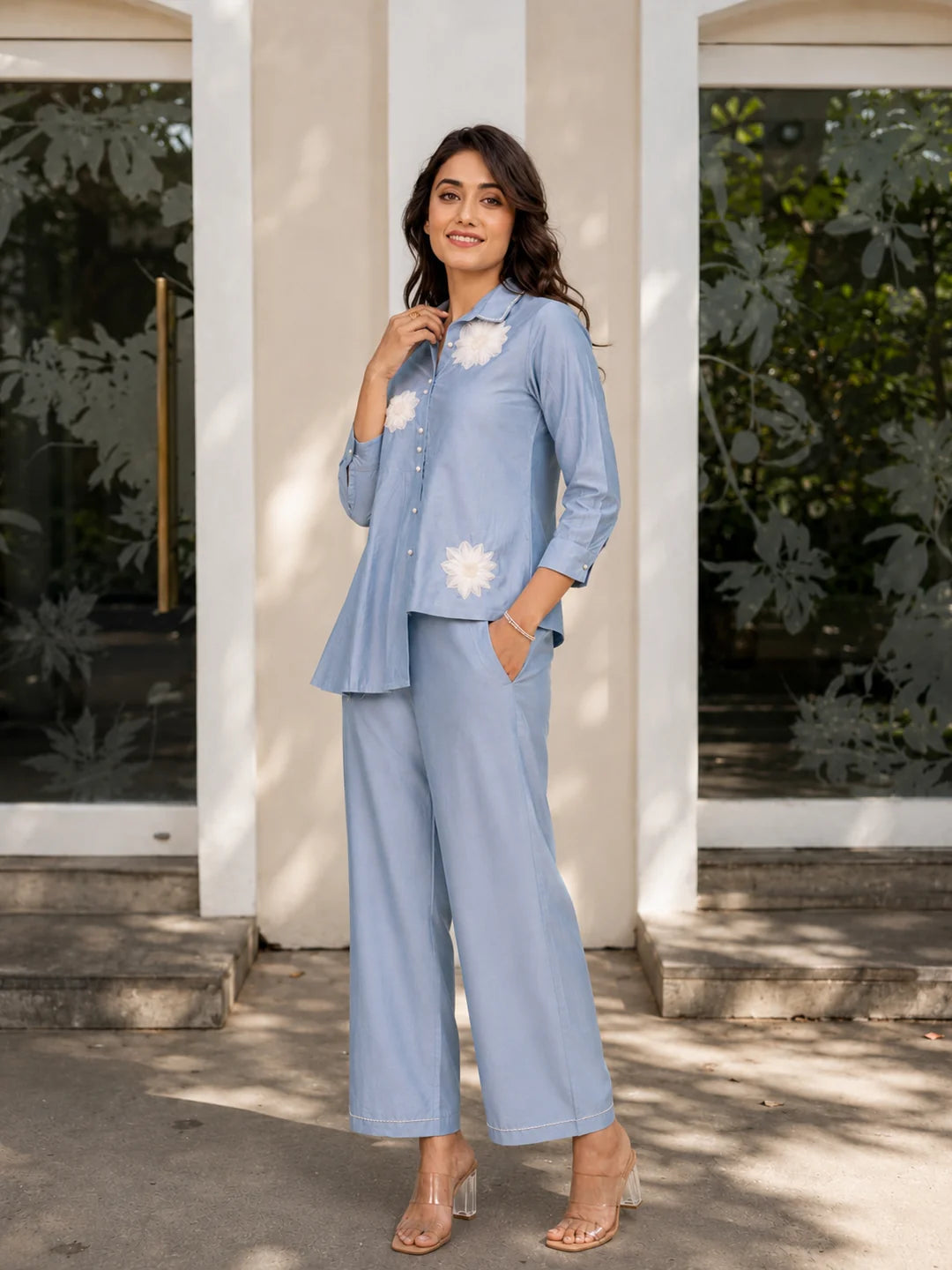 Powder Blue Asymmetric Shirt Style Tunic Set