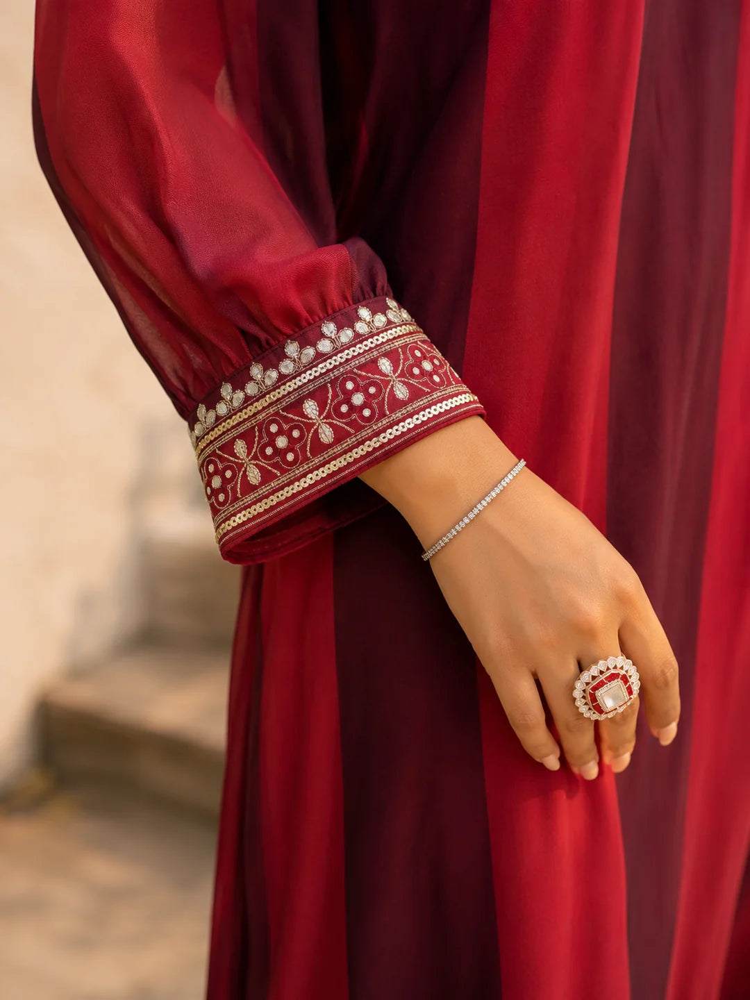 Red Sequence Work Muslin Kurta With Pant Set