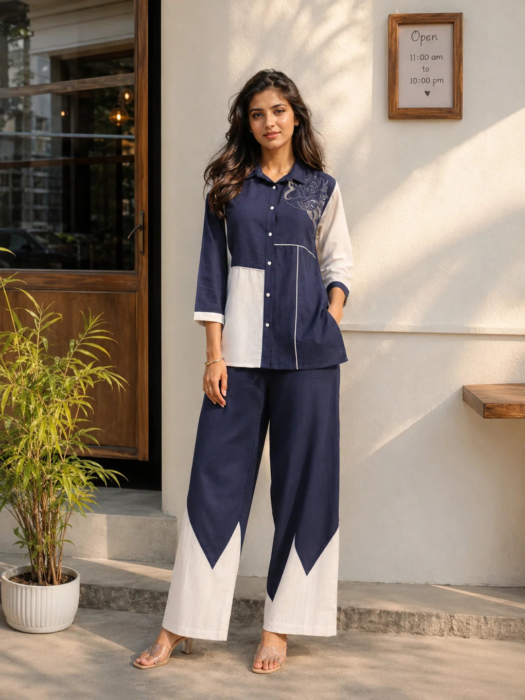Navy Blue And White Motif Sequence Rayon Flex Co-ord Set