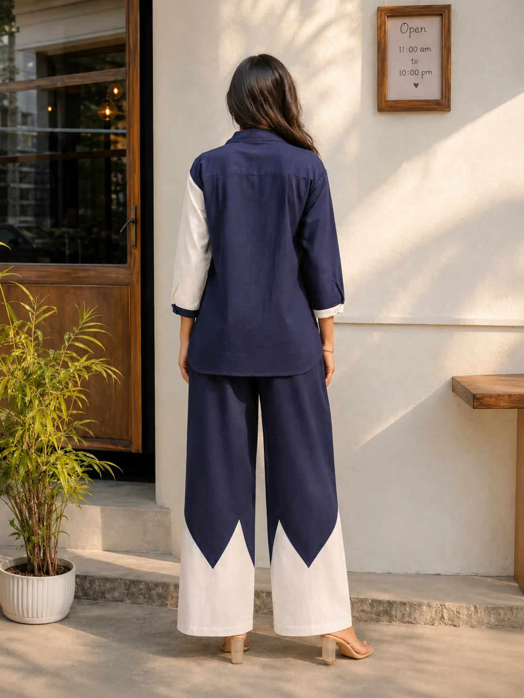 Navy Blue And White Motif Sequence Rayon Flex Co-ord Set