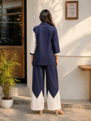 Navy Blue And White Motif Sequence Rayon Flex Co-ord Set