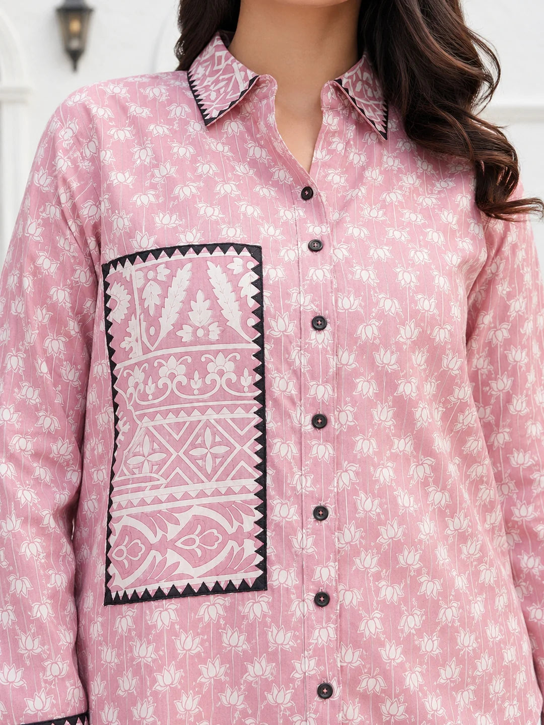 Dusty Pink Cotton Cambric Shirt with Lace Detailed Collar, Cuffs & Pocket