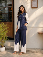 Navy Blue And White Motif Sequence Rayon Flex Co-ord Set