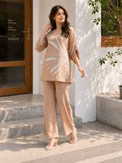 Tan & Cream Embroidered Sequin Co-Ord Set