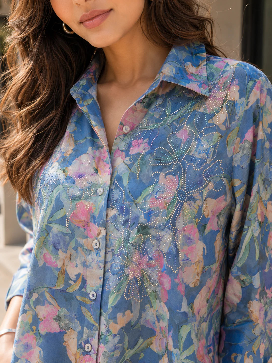 Royal Blue Printed Viscose Shirt with Rhinestone Floral Collar
