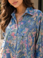 Royal Blue Printed Viscose Shirt with Rhinestone Floral Collar