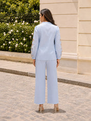Sky Blue Floral Embroidered Pleated Yoke Co-Ord Set in Cotton