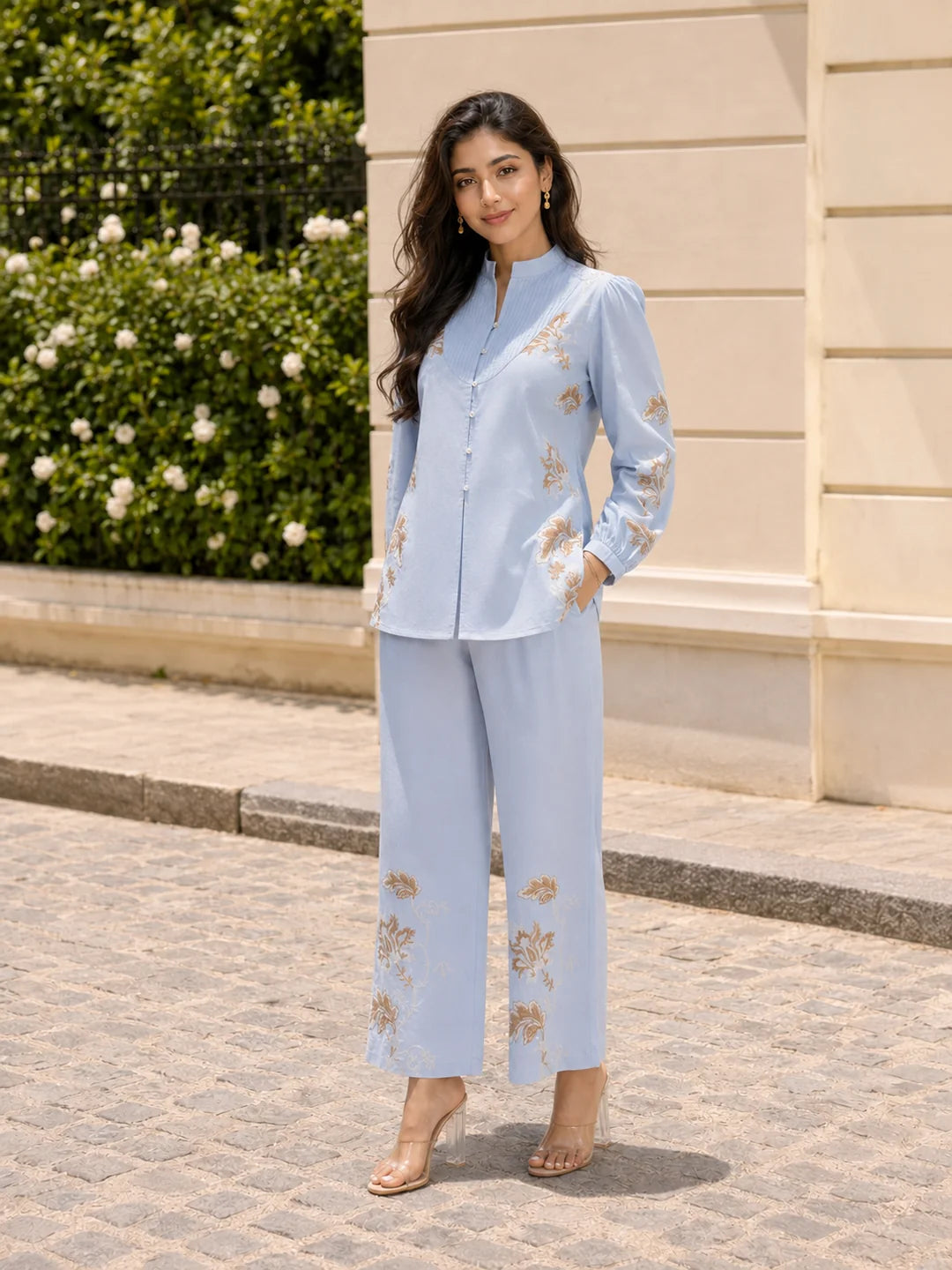 Sky Blue Floral Embroidered Pleated Yoke Co-Ord Set in Cotton