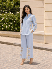Sky Blue Floral Embroidered Pleated Yoke Co-Ord Set in Cotton