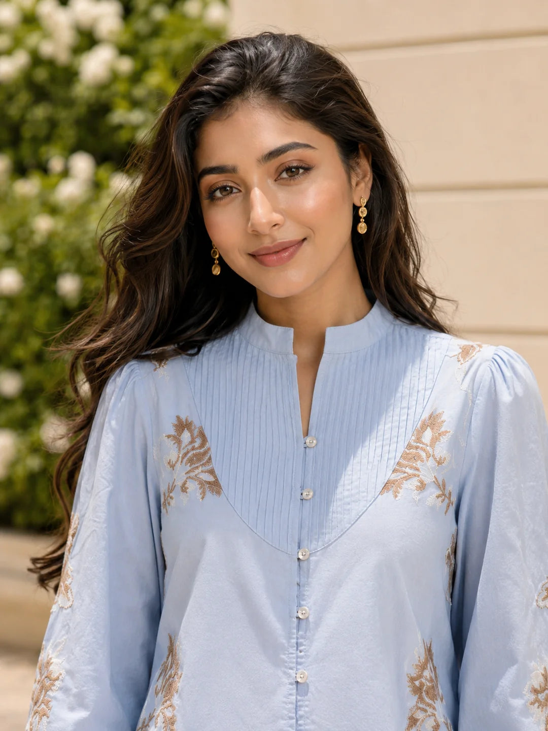 Sky Blue Floral Embroidered Pleated Yoke Co-Ord Set in Cotton