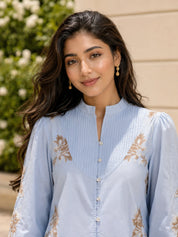 Sky Blue Floral Embroidered Pleated Yoke Co-Ord Set in Cotton