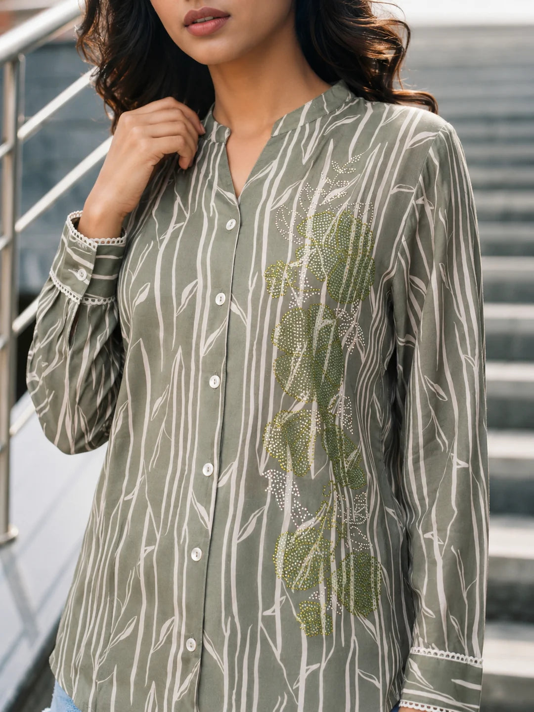 Olive Green Rhinestone Detailed Floral Motif Shirt