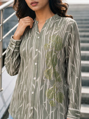 Olive Green Rhinestone Detailed Floral Motif Shirt