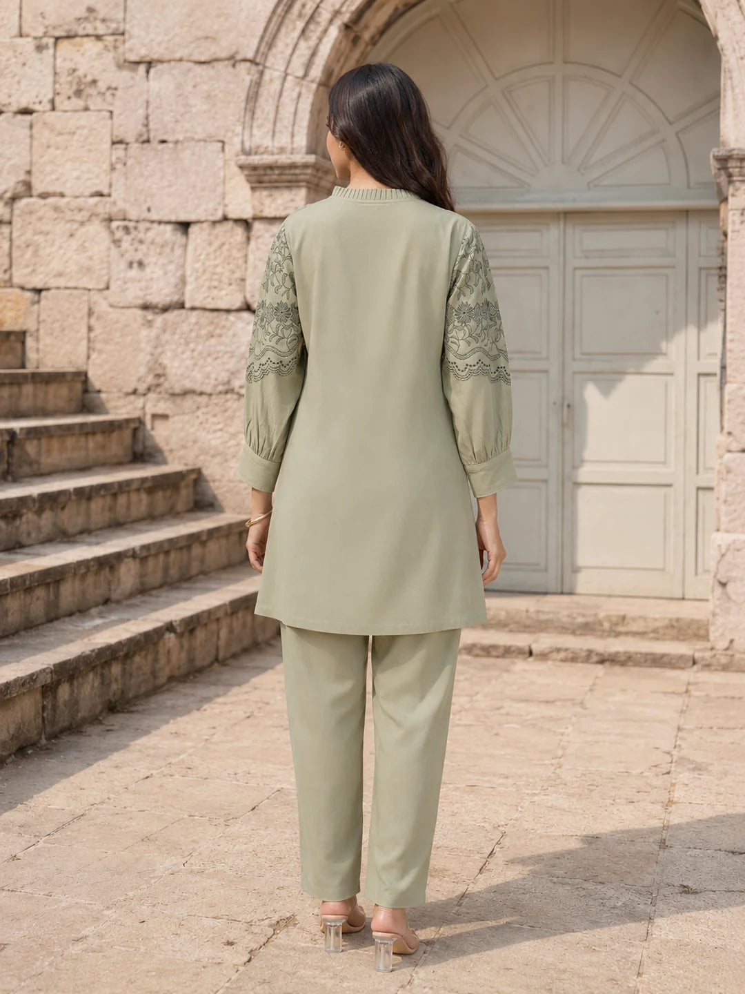 Sage Green Embroidered Button-Front Co-Ord Set in Viscose Rayon
