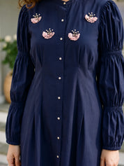 Blue Butterfly Motif Cotton Poplin  Mini Dress