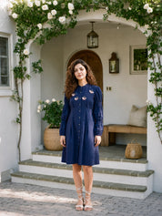 Blue Butterfly Motif Cotton Poplin  Mini Dress
