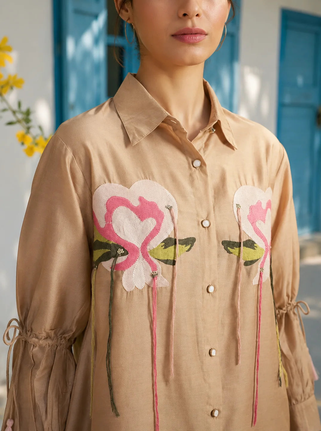 Beige Multi-Thread Dols Silk Embroidered Patch Co-Ord Set
