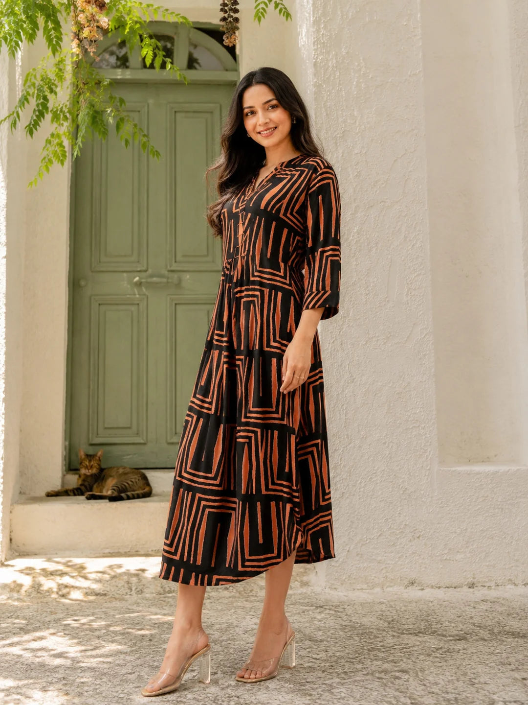 Black & Orange Abstract Stripe Cord Work Maxi Dress in Russian Silk