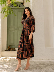 Black & Orange Abstract Stripe Cord Work Maxi Dress in Russian Silk