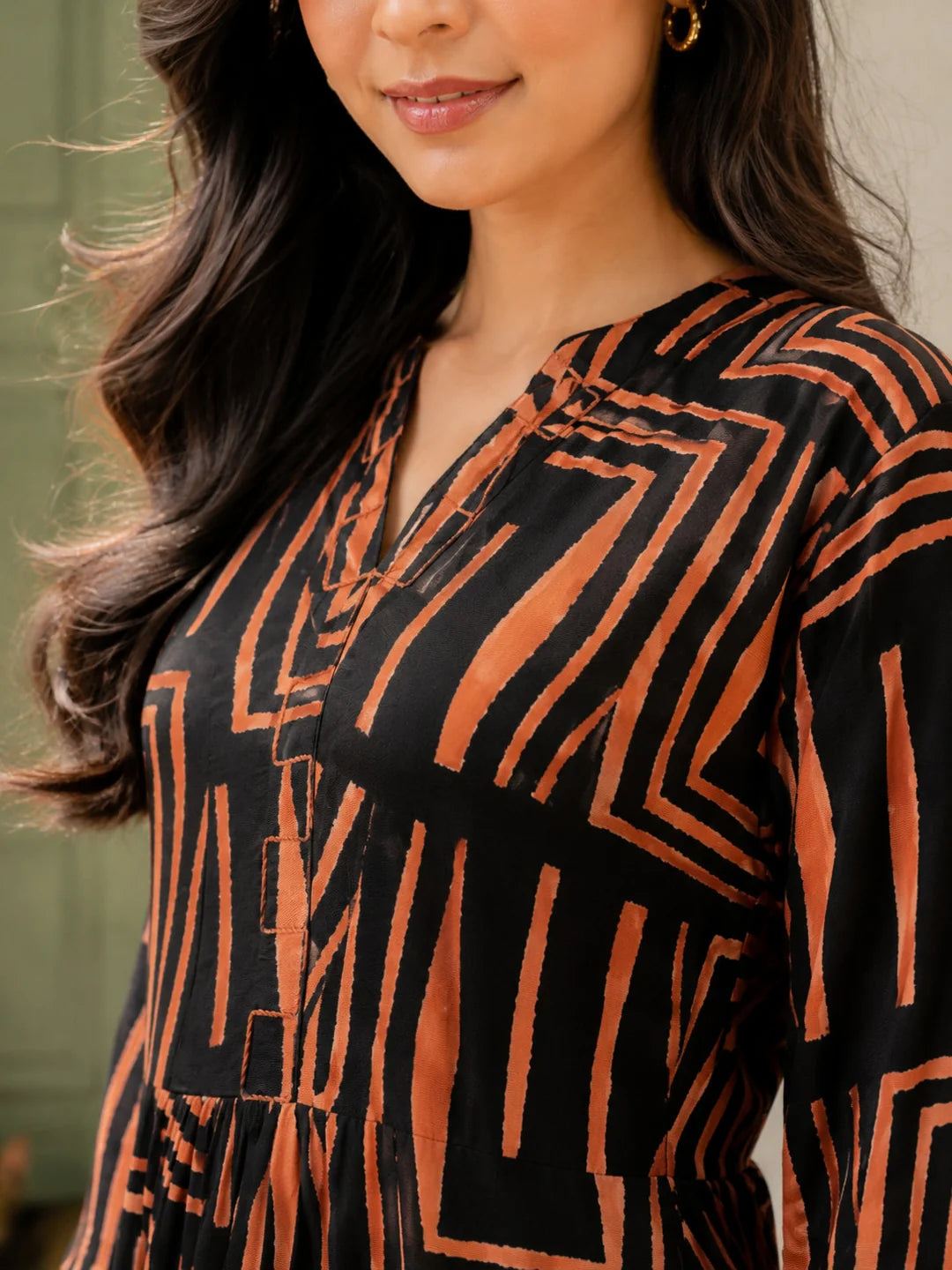 Black & Orange Abstract Stripe Cord Work Maxi Dress in Russian Silk