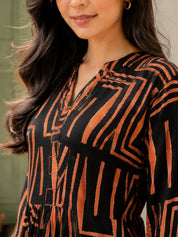 Black & Orange Abstract Stripe Cord Work Maxi Dress in Russian Silk