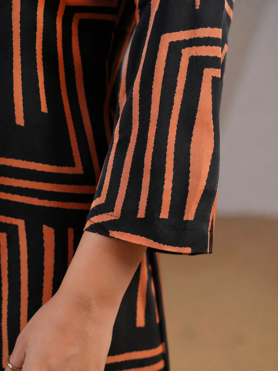 Black & Orange Abstract Stripe Cord Work Maxi Dress in Russian Silk