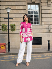 Fuchsia Pink & Cream Bold Floral Russian Silk Top