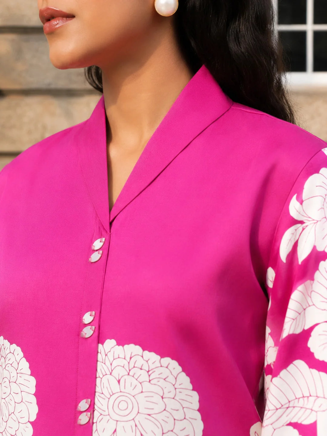 Fuchsia Pink & Cream Bold Floral Russian Silk Top