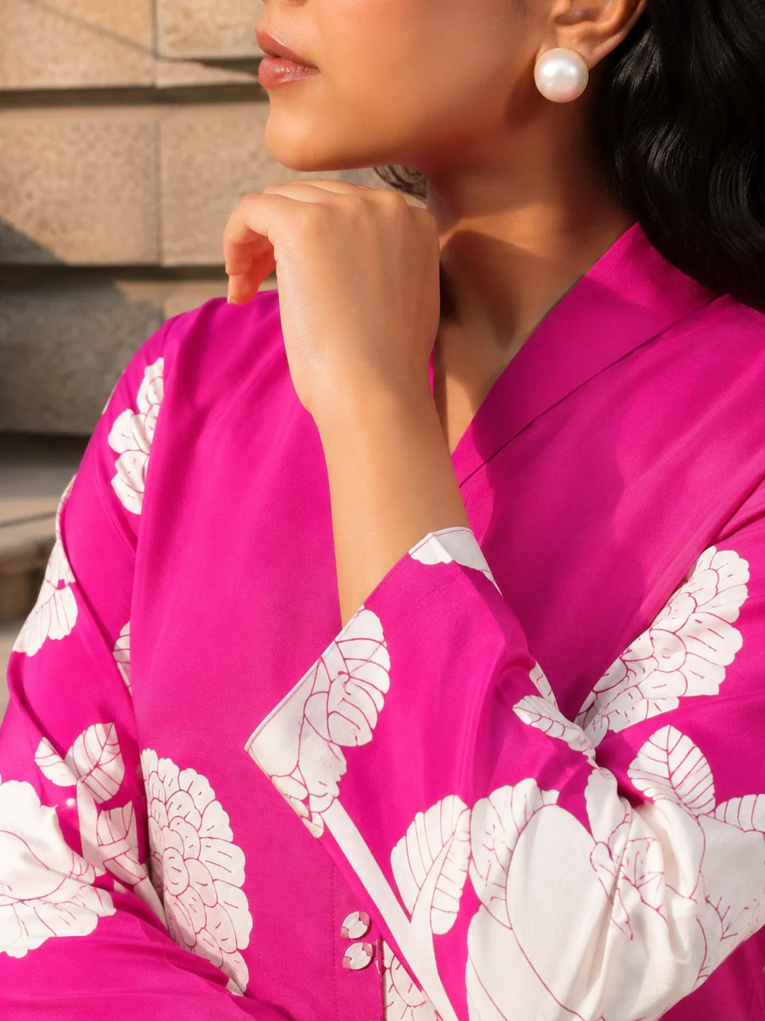 Fuchsia Pink & Cream Bold Floral Russian Silk Top