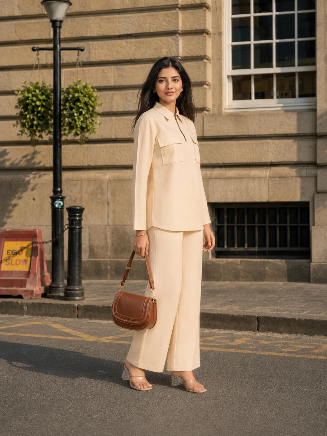 Yellow Cotton Shirt Collar Co-Ord Set with Zip Front & Double Pockets