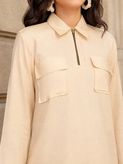 Yellow Cotton Shirt Collar Co-Ord Set with Zip Front & Double Pockets