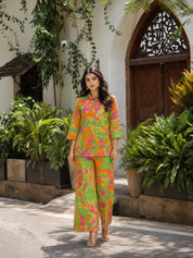 Multicolor Printed Cotton Cambric Co-Ord Set with Wooden Buttons