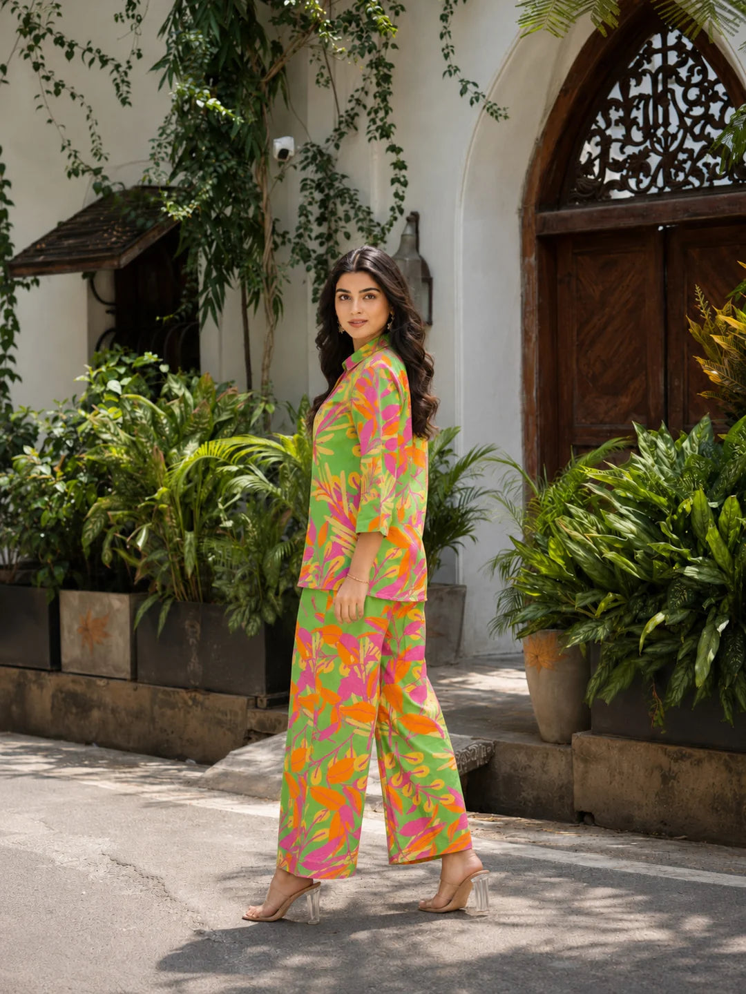 Multicolor Printed Cotton Cambric Co-Ord Set with Wooden Buttons