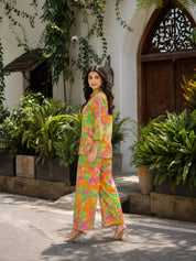 Multicolor Printed Cotton Cambric Co-Ord Set with Wooden Buttons