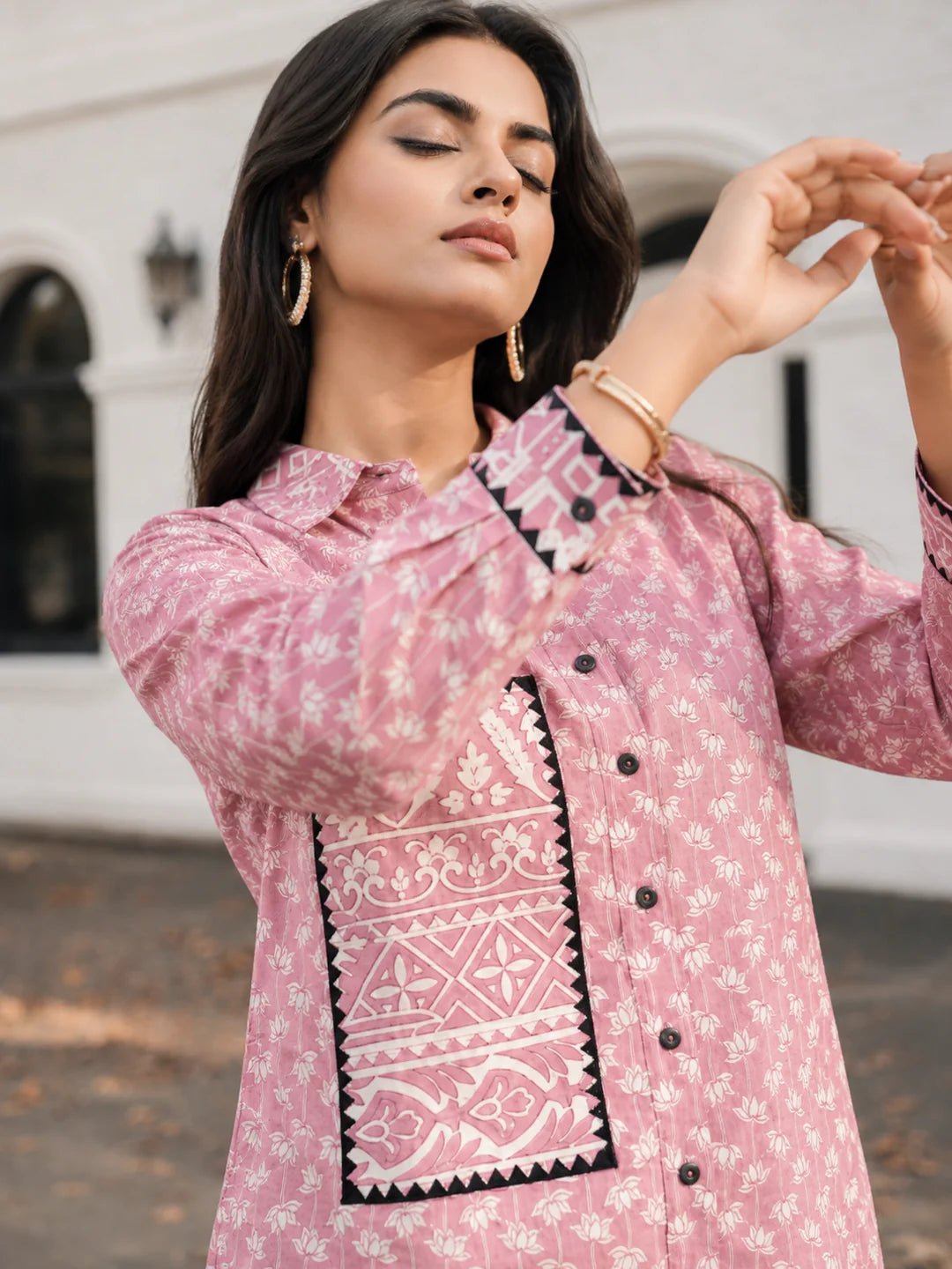 Dusty Pink Cotton Cambric Shirt with Lace Detailed Collar, Cuffs & Pocket