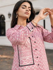 Dusty Pink Cotton Cambric Shirt with Lace Detailed Collar, Cuffs & Pocket