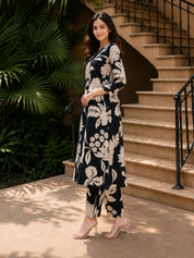 Black & Cream Abstract Floral Printed Kurta Pant Set in Viscose