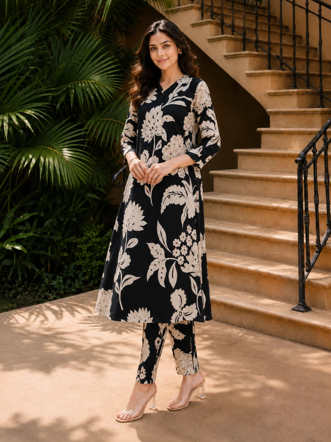 Black & Cream Abstract Floral Printed Kurta Pant Set in Viscose