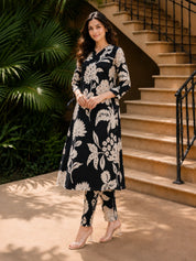 Black & Cream Abstract Floral Printed Kurta Pant Set in Viscose