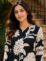 Black & Cream Abstract Floral Printed Kurta Pant Set in Viscose